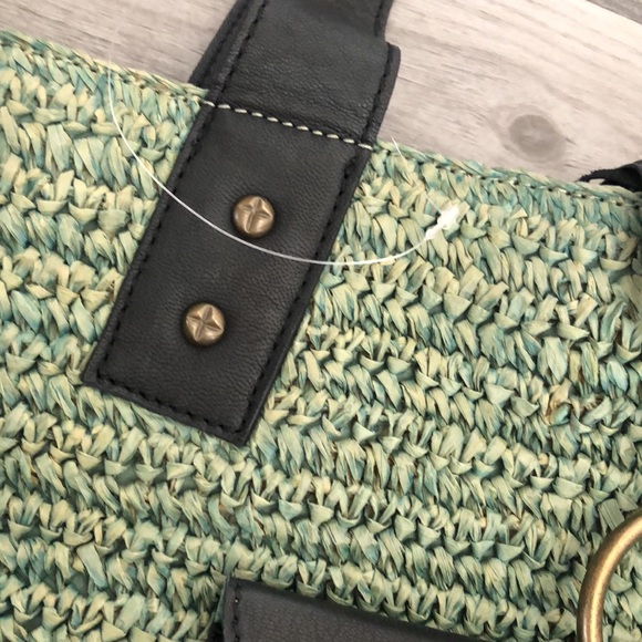 Free People Green En Riva Raffia Tote Black Leather Accents NWT - Picture 9 of 16
